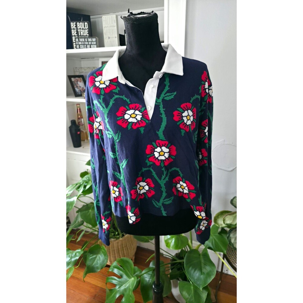 Rowing Blazers Women’s Navy Floral Cotton Knit Collared Button Neck Sweater XL
